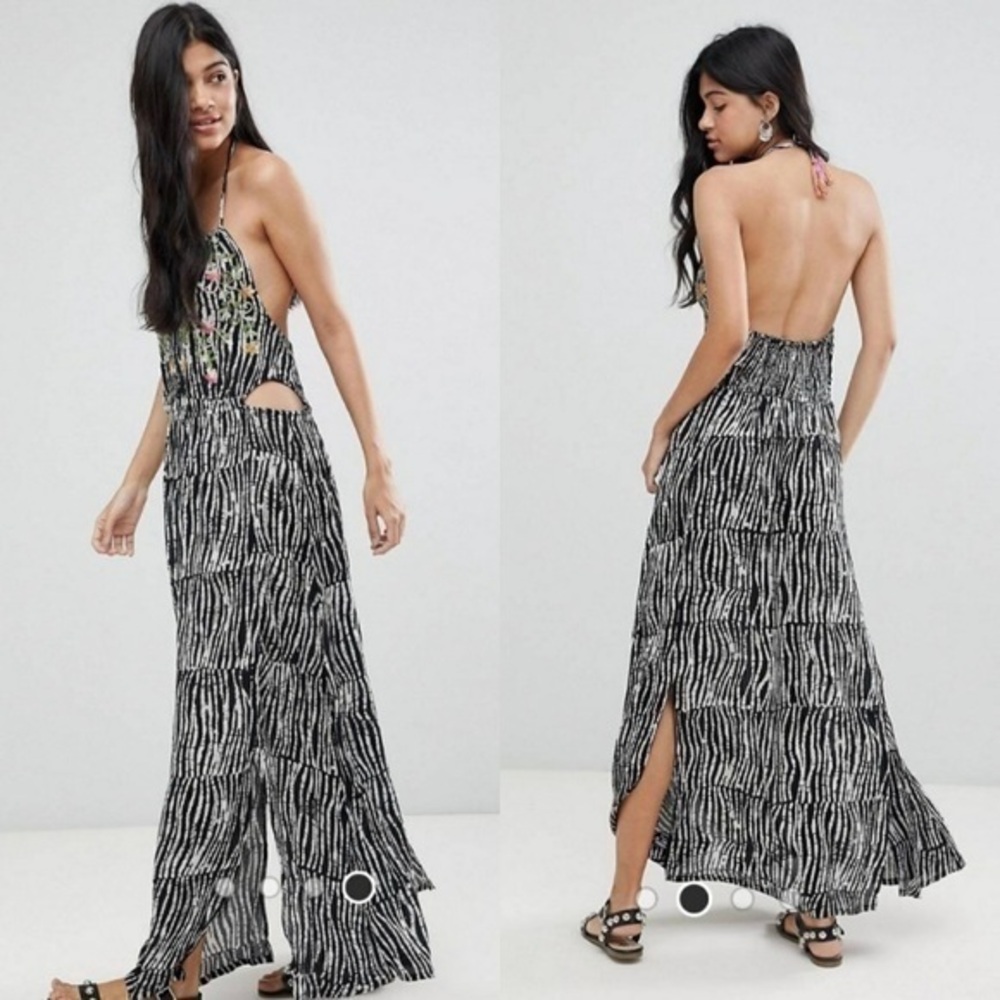 New Anthropologie Raga Keyhole Maxi Dress Embroidered Halter Black White Size M